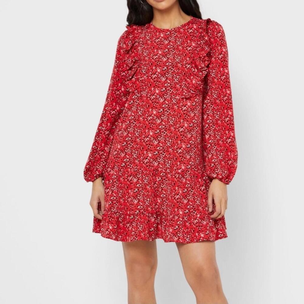 Topshop Red Ruffle Mini Dress Contrast Print Long Sleeve Size 4 NWT